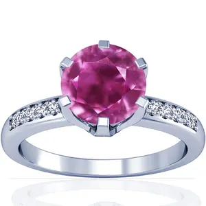 Untreated Pink Sapphire Round and Diamond Ring - (14k White Gold)- R61681REPS