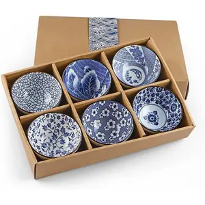 Ceramic Rice Bowls 10 oz, Japanese Style Bowl Gift Set, Assorted Dinnerware Serving Bowls for Cereal, Soup, Dessert, Snack, Fruit, Salsa, Pack of 6 (Blue and White)