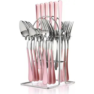 24 Pieces Silverware Set, Stainless Steel Cutlery Set with Holder, Flatware Set for 6 Person Tableware Set Includes Dinner Knives Forks Spoons Teaspoons, Mirror Polished (Pink)