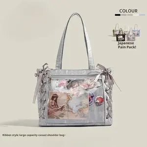 RIVERICH Sweet girl large-capacity tote bag for women, anime style, transparent, fresh and simple, single shoulder bag, Japanese style ribbon bag ita Fashionable Patterned Bag