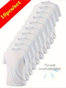 Men's Sport Quick-Dry Short Sleeve T-Shirt Set of 10, Pure Color Round Neck Training Top, Quick Drying Top, Breathable Fast Dry, Gym Essential