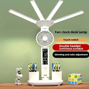 Smart Touch LED Desk Lamp with Fan, Desk Lamp for Dorm, Desk Lamp with USB Charging, 3 Modes Dimming Foldable Quad Desk Lamp with Clock Date, Storage,Temperature, Cool LED Desk Lamp