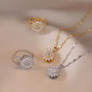 Zircon necklace bracelet ring earrings golden/silver sunflower rotating necklace ladies daily wear gift