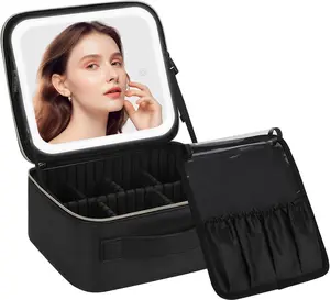 Makeup Bag with Mirror and Light Travel Case Cosmetic Bag Organiser Portable Artist Storage Bag with Adjustable Dividers Makeup Brushes Storage Organizer