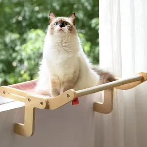 Wooden Cat Window Perch Hammock, Sturdy No Drill Hanging Cat Bed, Space Saving Cat Furniture, Comfort Cat Lounge Bed for Kitty Napping