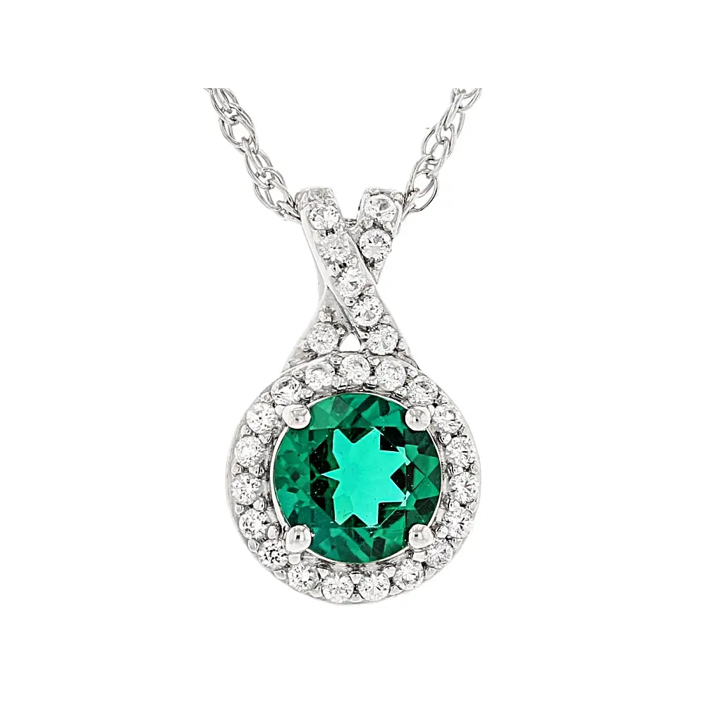 JTV Lab Created Emerald Rhodium-Over Sterling Silver Pendant with 18-Inch Chain, 0.87ctw, 0.59"l x 0.34"w, Silver & Classic Artificial Gemstone Necklaces & Pendants, for Adults, Silver Artificial Gemstone Necklaces & Pendants, 18 Inches