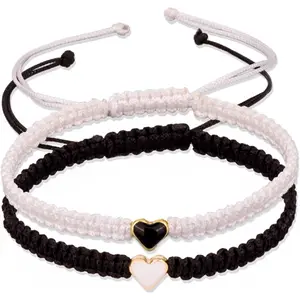 1 Pair Love Heart Beaded Matching Bracelets Colorful Rope Adjustable for Him and Her Couples Matching Friendship Long Distance Promise BFF