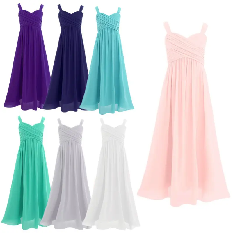 Girls' Polyester Chiffon Pleated Ruched Sleeveless Maxi Gown - Flower Girl Dress, Junior Bridesmaid Dress, Birthday Event Top