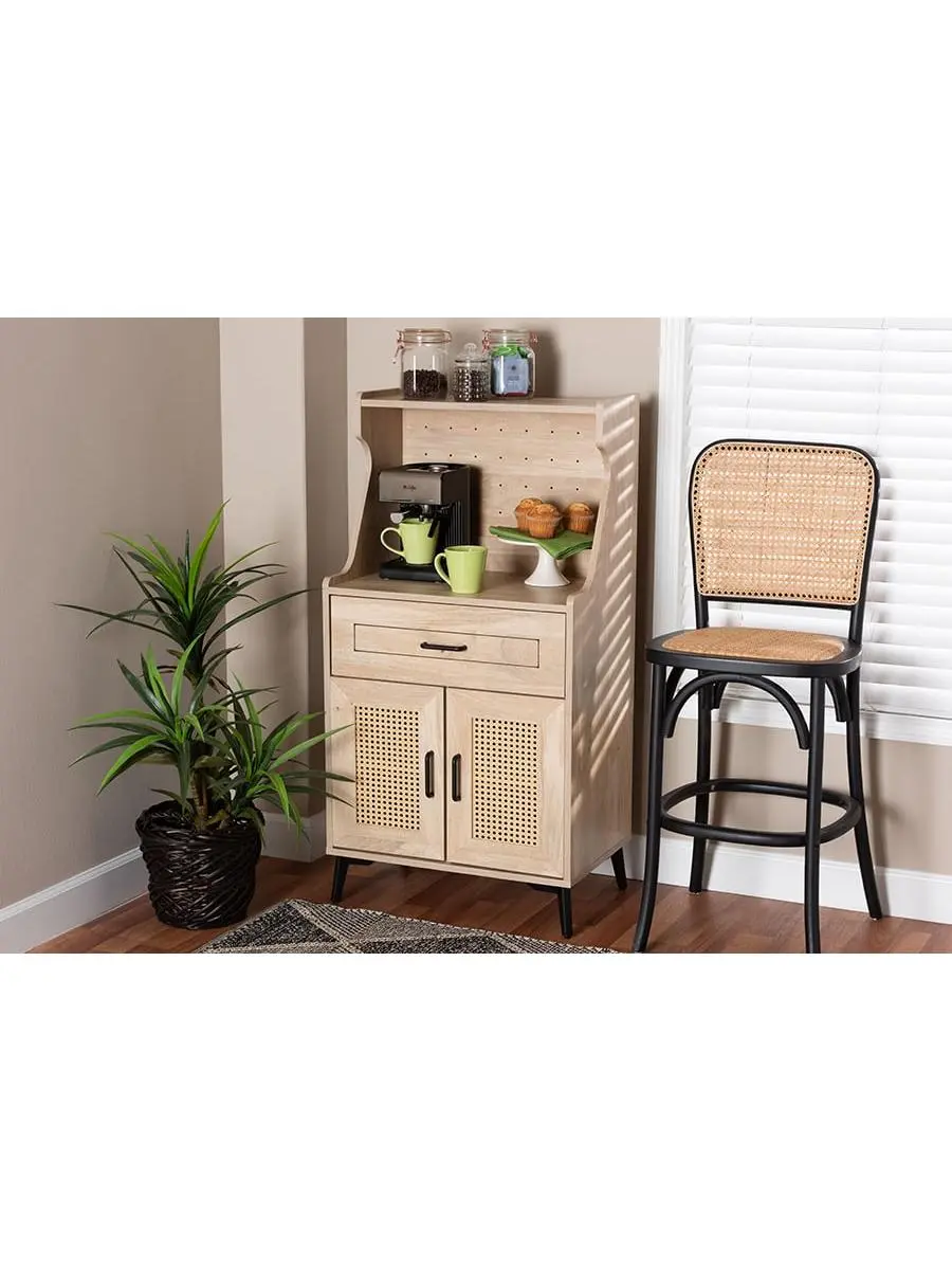212 MAIN Mid-Century Modern Freestanding Kitchen Cupboard - Engineered Wood Furniture for Home with Metal Legs, Woven Rattan, Open Shelf, Oak Brown & Black Finish, Home Improvement Fixture, Furniture For Kitchen