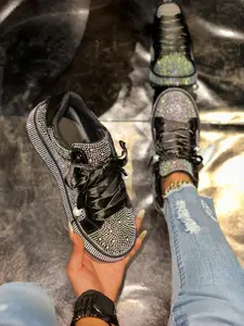 Blingbling Full Rhinestone Thick Sole Casual Trainer Board Shoes for Women, High-End Pearl Satin Laces, European Style Height-Increasing Shoes