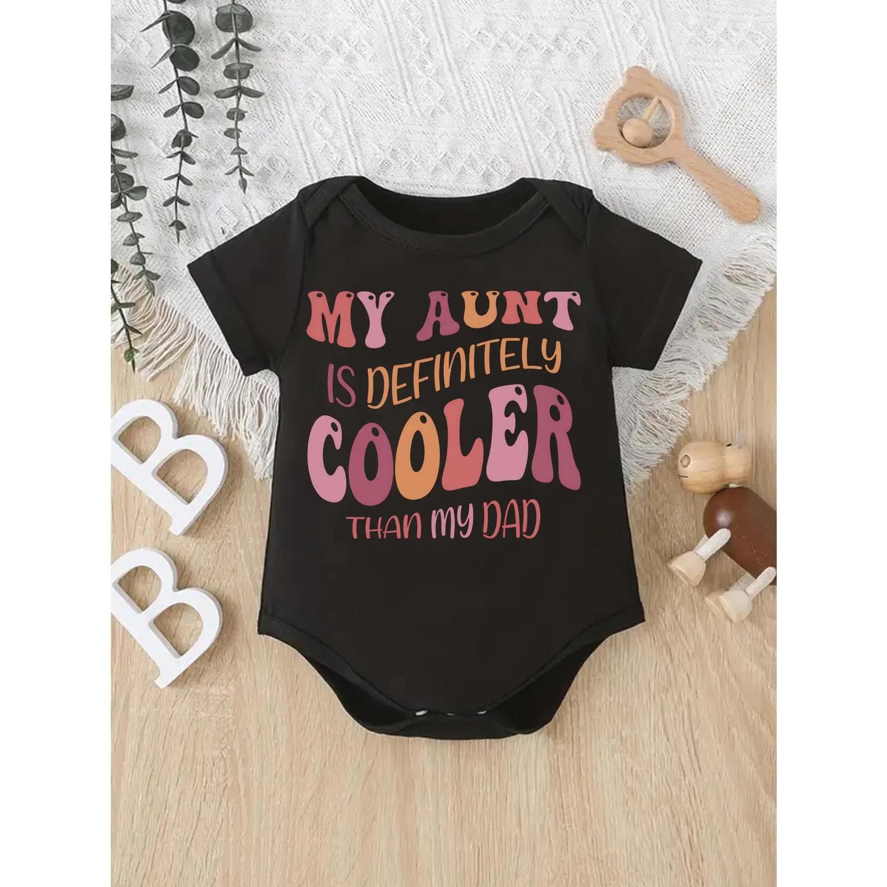 Cute Baby Bodysuit With My Aunt Is Definitely Cooler Than My Dad Print Soft Versatile Round Neck Button Detail Regular Fit All Seasons Knitted Fabric Onesie For 0-12 Months