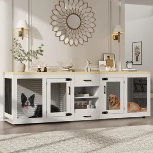 90 Inch Large Dog Crate Furniture, Double Dog Crate with Feeding Station & Storage, Heavy Duty Dog Kennel Furniture for 2 Dogs