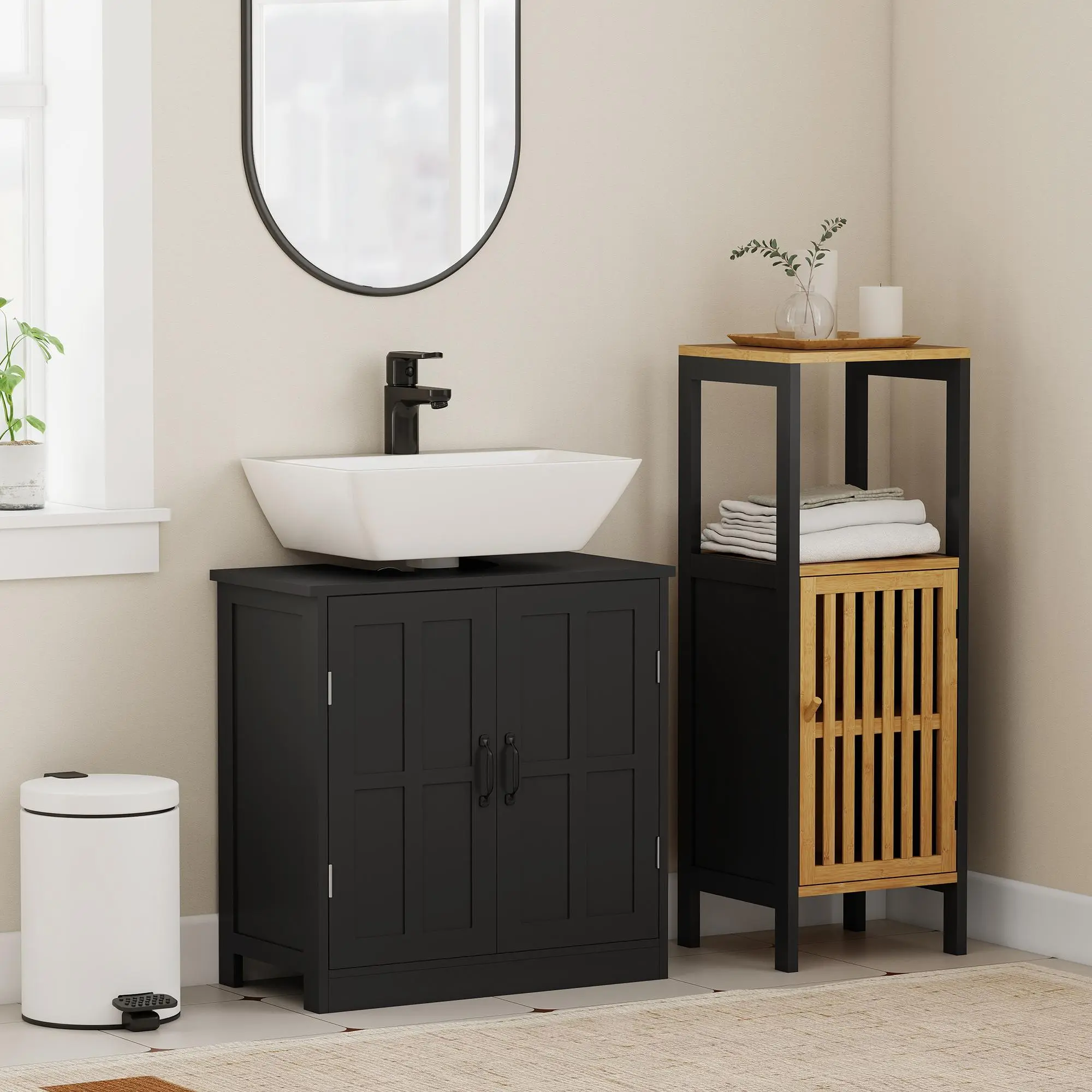 Elegant Bathroom Sink Cabinet Pedestal with Adjustable Shelf Black Space-saving U-shaped Cutout Double-door Design Water-Resistant 23.6" W x 11.8" D x 23.6" H