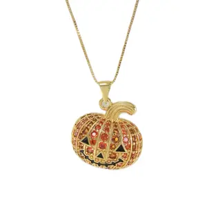 Golden Pumpkin Pendant Necklace with Sparkling Red and Orange Accents on Gold Chain