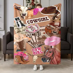 Tiktok Trend Western Cowgirl Theme Patchwork Blanket, Bedroom Sofa Fall Winter Warm Cover, Soft Skin-Friendly Flannel Throw