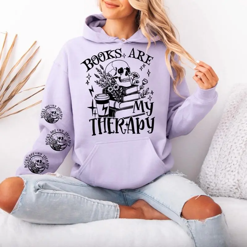 Books are my Therapy Gildan hooded Sweatshirt with Sleeve design unisex sizing womenswear comfortable soft Casual Pullover Tops Fabric Pocket Mint Green Green Spandex Cotton Fit