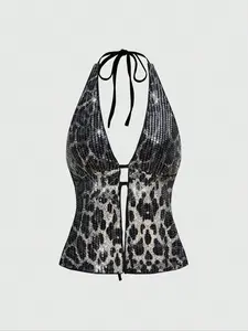 Punk Women's Fashion Pop Star Summer Beach Party Music Festival Street Style Y2K Halter Sleeveless Top Neck Off-the-Shoulder Sexy Fitted Leopard Print Sequin Cross Pendant Tank Top Vest Womenswear