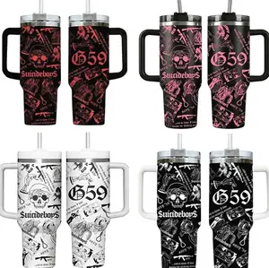 Collection SuicideboyS G59 Skull Aesthetic 40oz Tumbler With Handle, Underground Rap Merch Cup, Dark Trap Goth Style Travel Mug, Flasks Gift For Grey Five Nine Fan ,Muticolor Collage Design Stainless Steel Insulated Tumbler For Music Fans