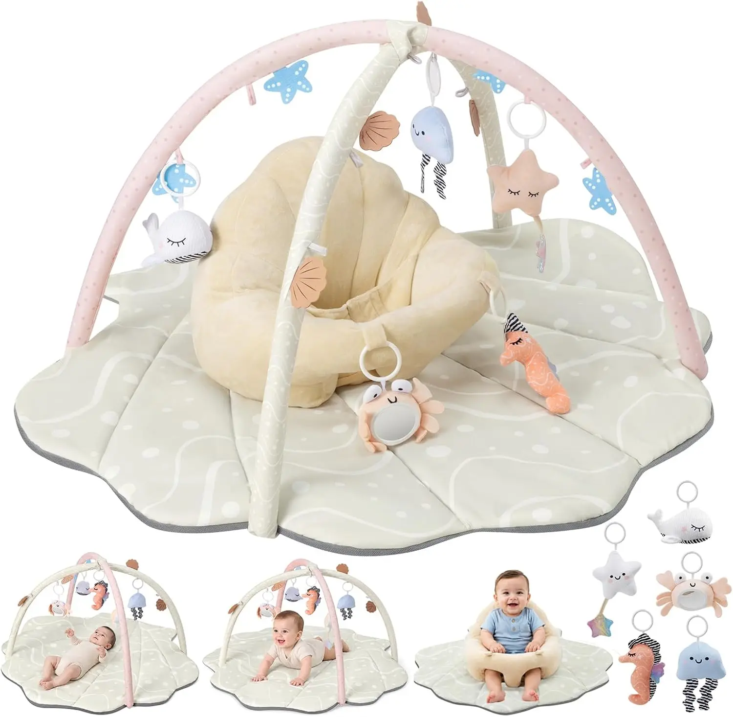 Baby Play Mat & Seat, Oversize Shell Tummy Time Mat with 6 Detachable Activity Toys, Baby Gym Playmat & Chair for Babies 0-12 Months, Baby Essentials Mat for Floor Newborn Baby Shower Gifts