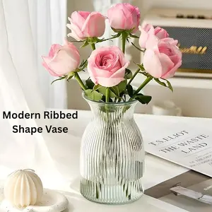 New 2026 Design Ribbed Glass Vase Wide - 8 Inch Tall Ribbed Vase for Wedding Reception, Home Decor, Table Decor, Housewarming Gift (Clear), Flower Arrangement Vase, Bud Vase, Cylinder Vases