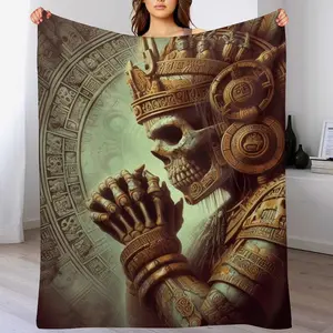 Aztec Skull Priest Maya Aztec Feathered Serpent Soft Flannel Blanket - Warm Cozy Throw for Bed Couch Native American Inspired Flannel Blanket