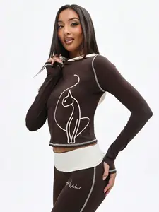 BABYPHAT Zip Up Hooded Top With Contrast Black Trim And Cat Print Design Long Sleeve Fitted Jacket For Casual Winter Wear
