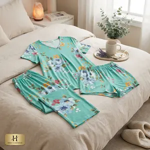 Women's 2-Piece Summer Capri Pajama Set - Short-Sleeve Cotton Shirt, Breathable Soft Comfortable Cotton Pants, Lady Sleepwear Loungewear for Home Use, Pajamas Sets for Women