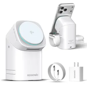 3-in-1 Wireless Charger 15W Fast Charging Qi2 Certified with 30W Adapter for iPhone & Samsung iWatch AirPods Magnetic One-Click System Automatic Rotation Easy Carry