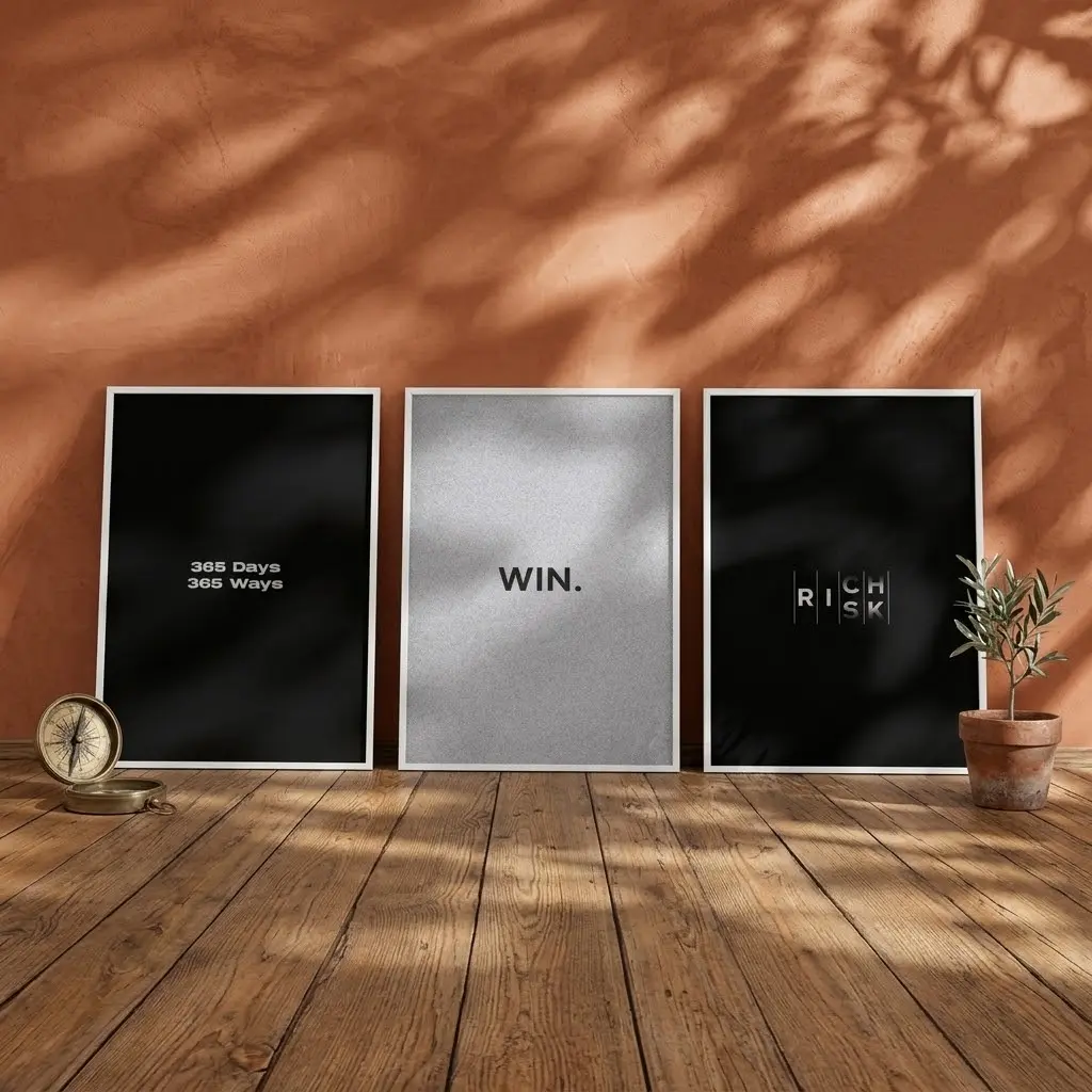 3-Piece Motivational Wall Art Prints, Minimalist Digital Download for Entrepreneurs' Office Decor, Success Mindset-Related Win Risk Rich Posters
