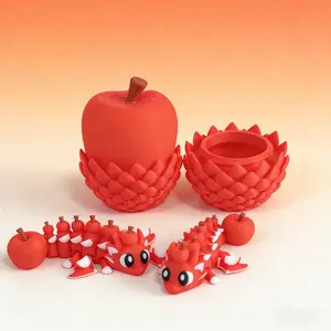 3D Printed Cute Apple Dragon + Egg Plastic Figurine, Desktop Decoration Sculpture, Holiday Gift, Adorable Desk Ornament