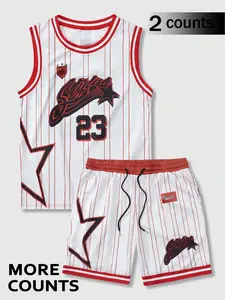 Two-Piece Set Men's Letter Print Basketball & Shorts Set, Regular Fit Casual Basketball Sleeveless V Neck Top Vintage Basketball Jersey Shirts & Shorts, Summer Clothes Set for Men