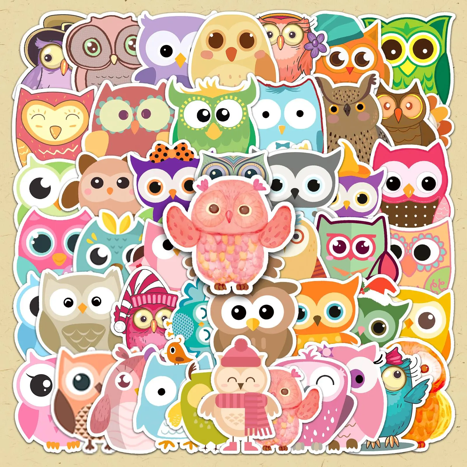 Cute Cartoon Owl Pattern Sticker, 50pcs/set Colorful Self Adhesive Decor Paper, Decor Sticker for Gift Greeting Card Water Bottle Laptop Phone, Stickers For Scrapbooking, Cute Animal Stickers