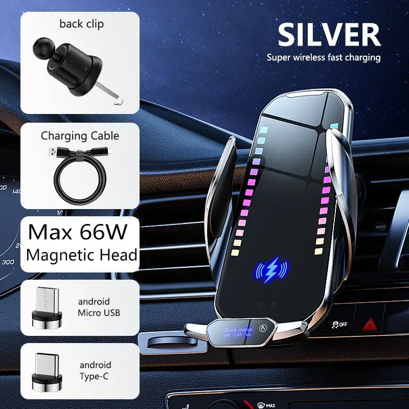 Car Mount Smartphone Holder, Car-Mounted Wireless Charger with Infrared Sensing, Automatic Retractable Stand, Adjustable Clip, Rhythmic Color Light Syncing to Sound Waves, Car-Mounted Wireless Chargers