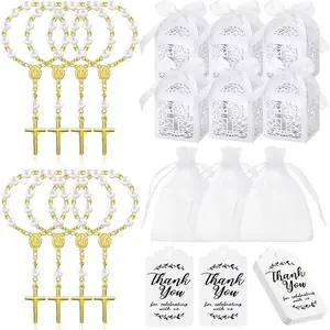 120 Rose Beads Baptism Set Includes Mini Rose Beads, Cross Boxes, Gift Bags, Thank You Paper Tags, Perfect for Baptisms and Wedding Decorations