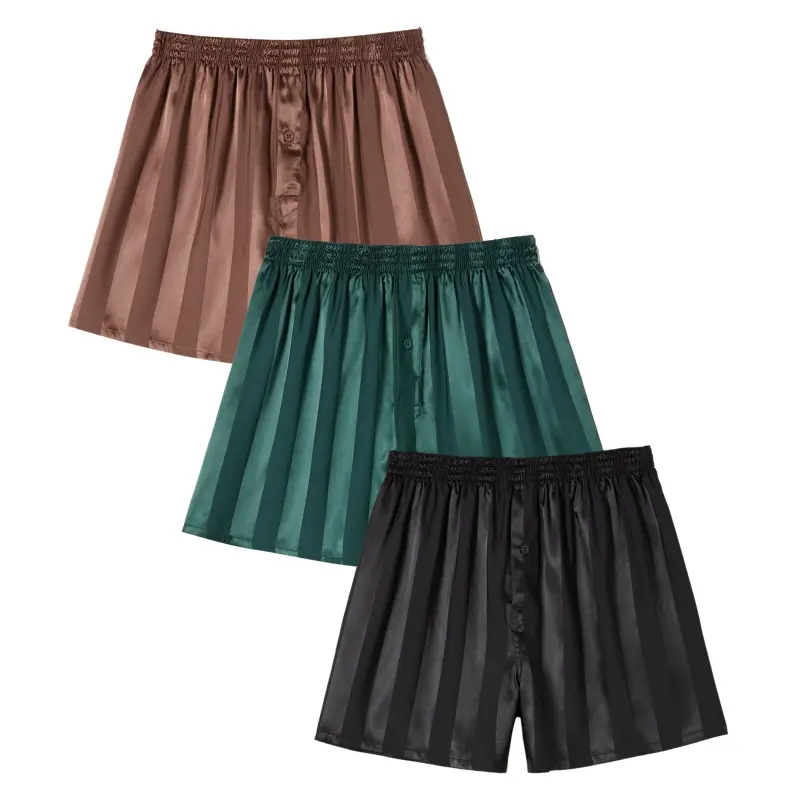 JupiterSecret 3-Pack Men's Striped Satin Boxer Shorts Underwear, Smooth Glossy Fabric, Lightweight Loose Fit, Button Fly and Wide Elastic Waistband