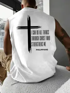 Men's Trendy Casual Round Neck Sleeveless T-Shirt, Letter Print Cross Christian Culture, Comfortable Summer Outdoor Fitness Wear