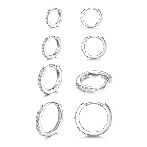925 Silver Small Hoop Earrings Cubic Zirconia Huggie Hoop Earrings, 4 Pairs Gold Plated Cartilage Piercing Earrings Ear Cuff Tiny Hoop Earrings for Women Men