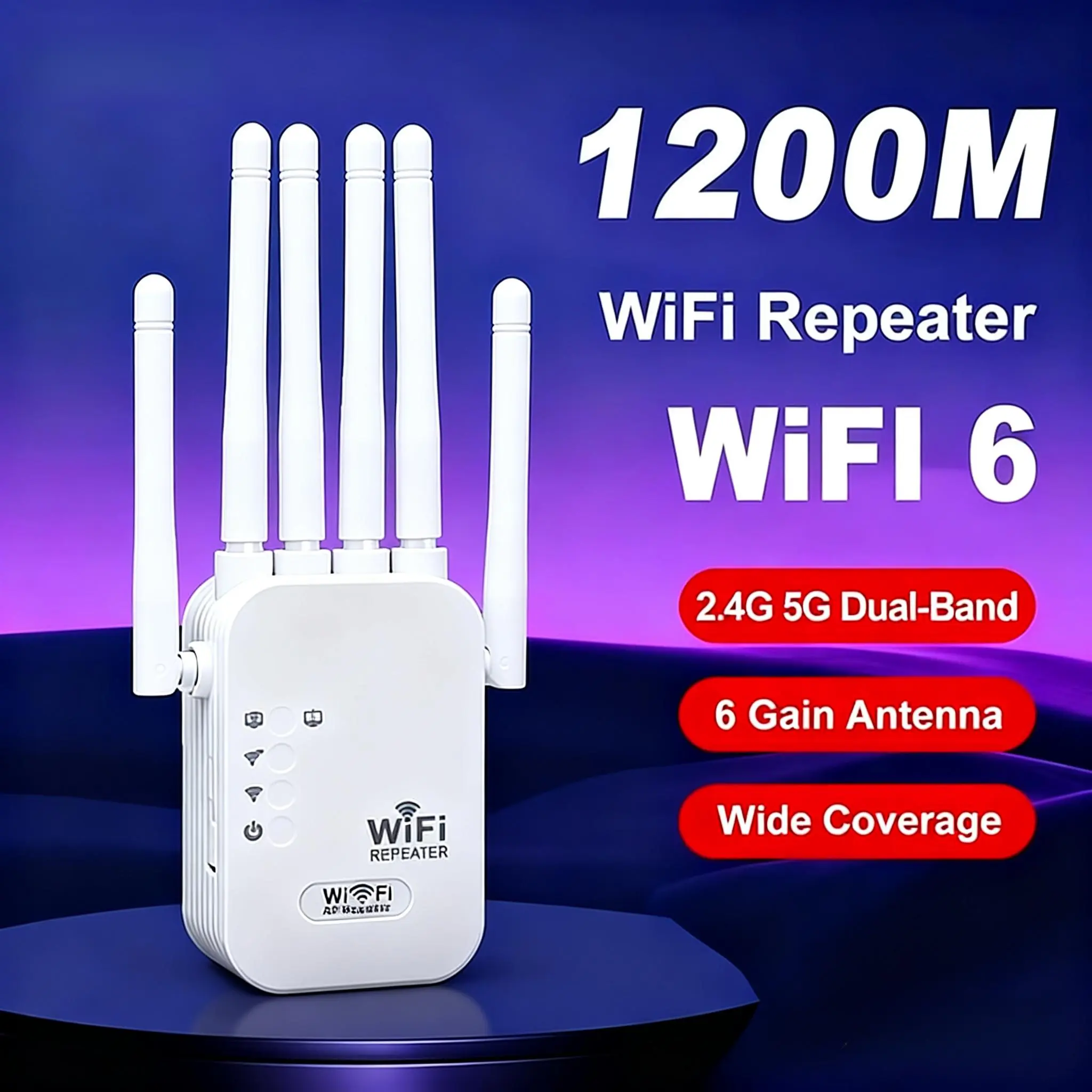 WiFi Extender 2026 6-Antenna Strong Signal, 1200Mbps Dual Band (5GHz/2.4GHz) Booster, Covers 12,000 sq.ft & 100 Devices, Repeater with Gigabit Port & AI Connectivity, Ideal for Home Studios, Remote Workspaces, VR Areas