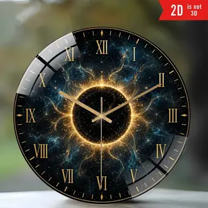 8 Inch Silent Non-Ticking Wall Clock, Cosmic Eclipse Roman Numeral Acrylic Clock, Easy-to-Read 2D Flat Round Wall Decor, Battery Operated Clock for Bedroom, Kitchen, Living Room, Office, Dorm & Home Gift