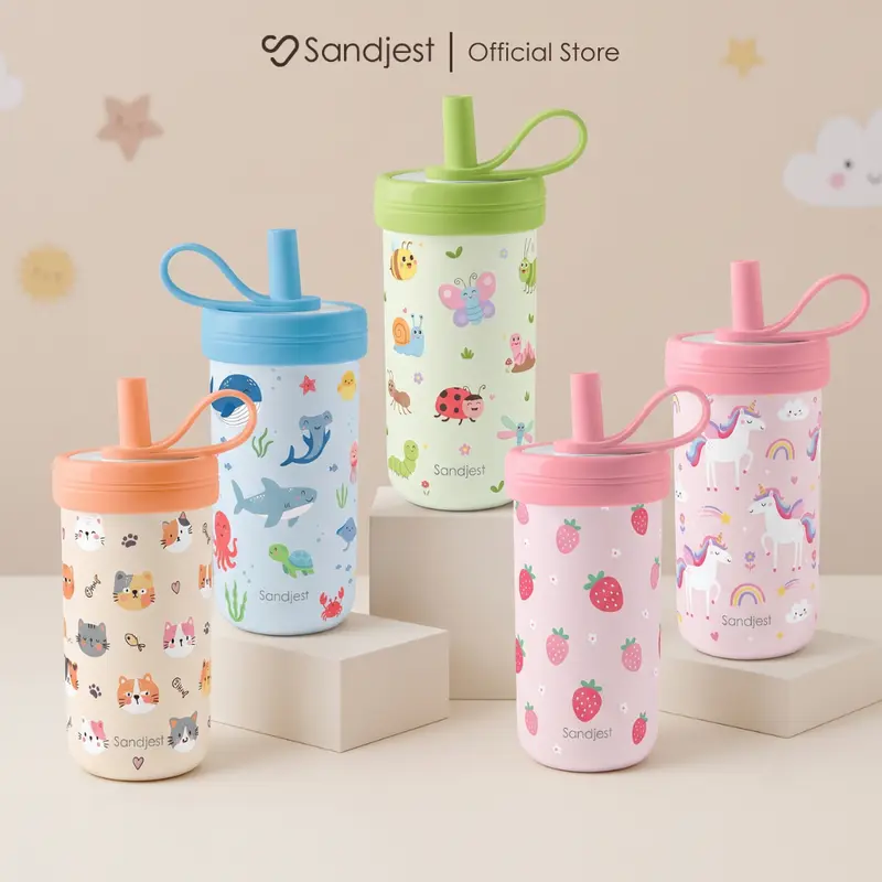 SANDJEST 14oz Stainless Steel Kids Tumbler with Spill-resistant Silicone Straw & Lid, Reusable Portable Cup, Easy to Clean, Ideal for Back to School, Christmas, Birthday