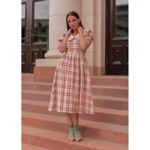 Pyper Oversized Collar Cotton Puff Sleeve Midi Dress - Red Plaid