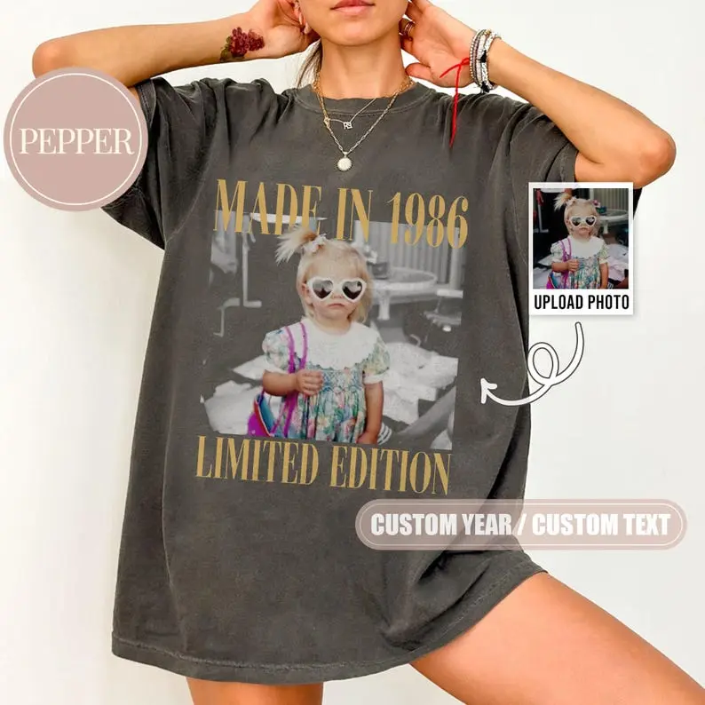 [Custom] Comfort Colors Personalized Vintage Photo Shirt, Custom Birthday Year Tee, Retro Photo Graphic T-Shirt, Custom Birthday Gift