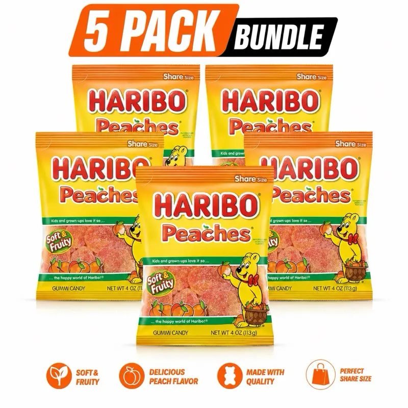 HARIBO Peaches Gummy Candy 5-Pack Bundle – Soft & Fruity Peach Candy, 4 oz Bags