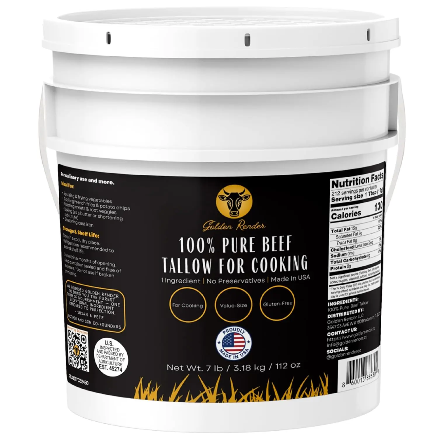 100% Pure Beef Tallow for Cooking & Deep Frying - 7lb Bulk Size - Food Grade Non-GMO
