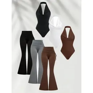 Women's Solid Color Ribbed Flare Leg Jumpsuit Set, Casual Fashion Sleeveless Jumpsuit for Daily Outdoor Wear, Women Clothing for Summer, Athleisure Style