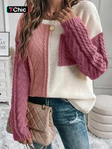 women's colorblock drop shoulder sweater, casual long sleeve round neck jumper for fall & winter, fashion ladies' knitwear for daily wear