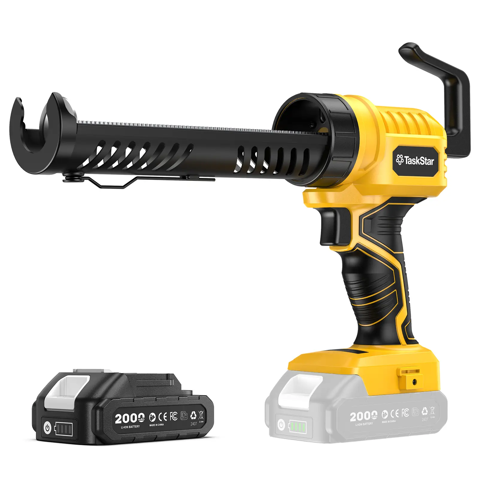 TaskStar 10-ounce Cordless Lightweight Caulking Gun with 2.0Ah Lithium-Ion Battery and Charger; 5-Speed Electric Caulking Gun with LED Light and Cutting Tool; Cordless, Drill-Free Caulking Gun for Bathroom and Patio Doors