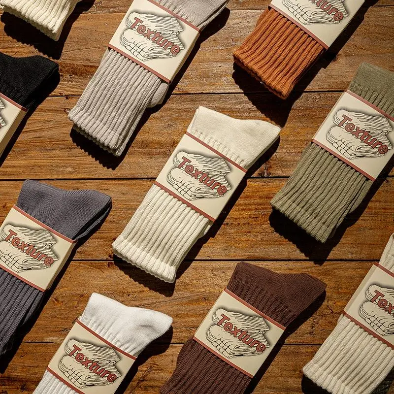 Unisex Retro Ribbed Crew Socks, 2-Pair Thick Cotton Blend, Breathable Plain Design for Daily Wear & Casual Sports, Mid-Calf, Ribbed Plain, Hand Wash, Vintage Socks, Elastane