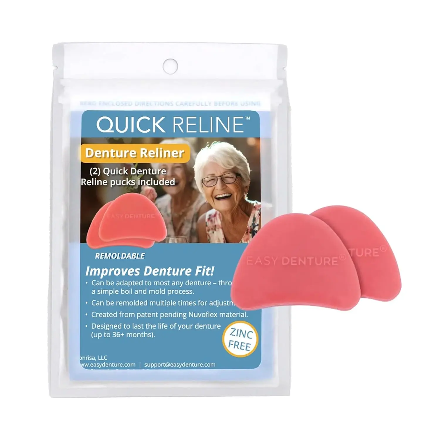 Hard Reline (Boil & Fit) Denture Reliner Kit; For Use with Full or Partial Denture, 2 Denture Reline pucks included with each kit, Remold and adjust mulitple times, Zinc-free, No More Loose Dentures!