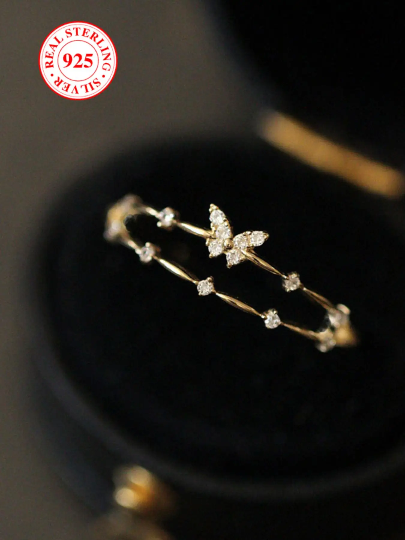 S925 Sterling Silver Butterfly Design Cuff Ring, Rhinestone Decor Ring for Women & Girls, Fashion Jewelry for Party, Daily Decor, Trendy All-match & E